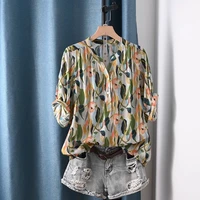 2025 Ropa de diseñador para mujer, camisas y blusas étnicas con cuello en V y estampado de hojas para mujer, tops bohemios de manga 3/4 de verano