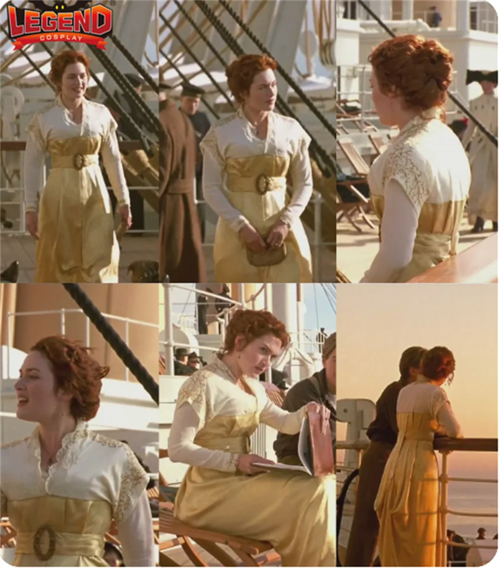 Titanic Rose Cosplay Costume Yellow Kate Winslet Rose Dewitt Bukater Cosplay Titanic Strolling Dress Edwardian Era Dress