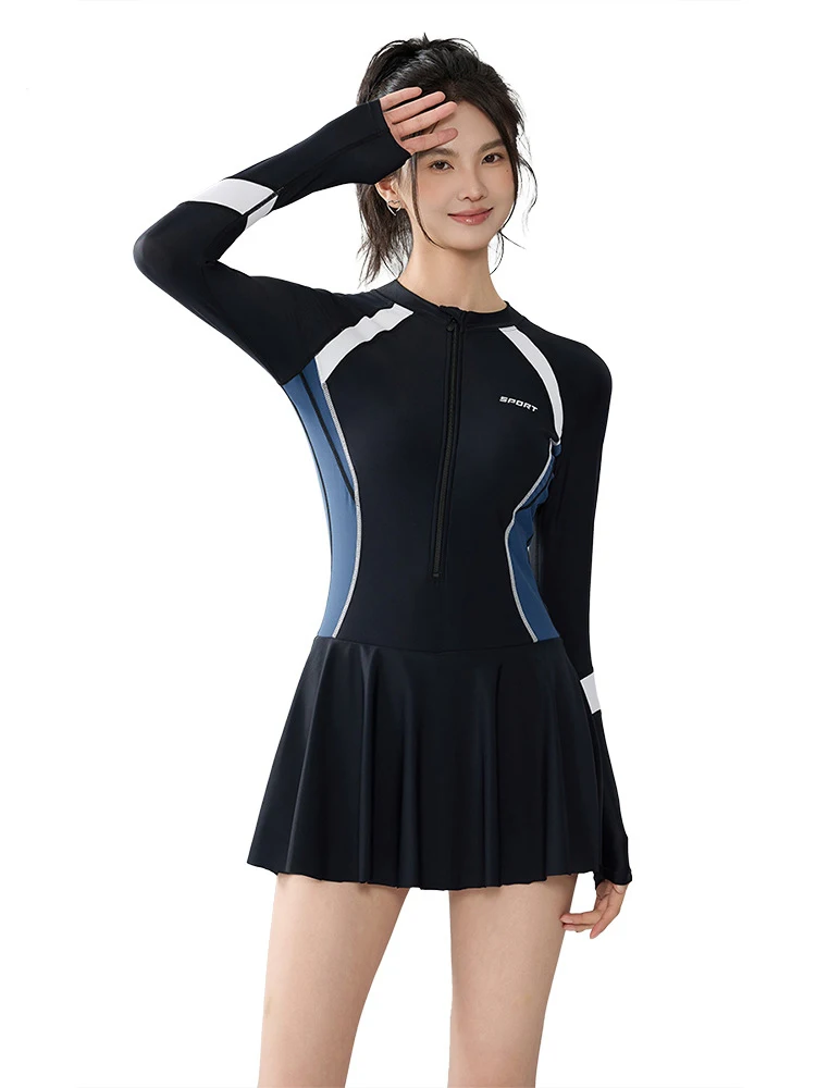 Large Size Swimwear Women One Piece Swimsuit Long Sleeve Front Zipper Swimming Suit New Arrival Beachwear Bathing Suit 5XL