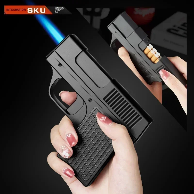 Pistol style lighter with 3 cigarette boxes jet turbine gas lighter windproof cigar lighter Smoking Gifts men's small tool - Detail 1