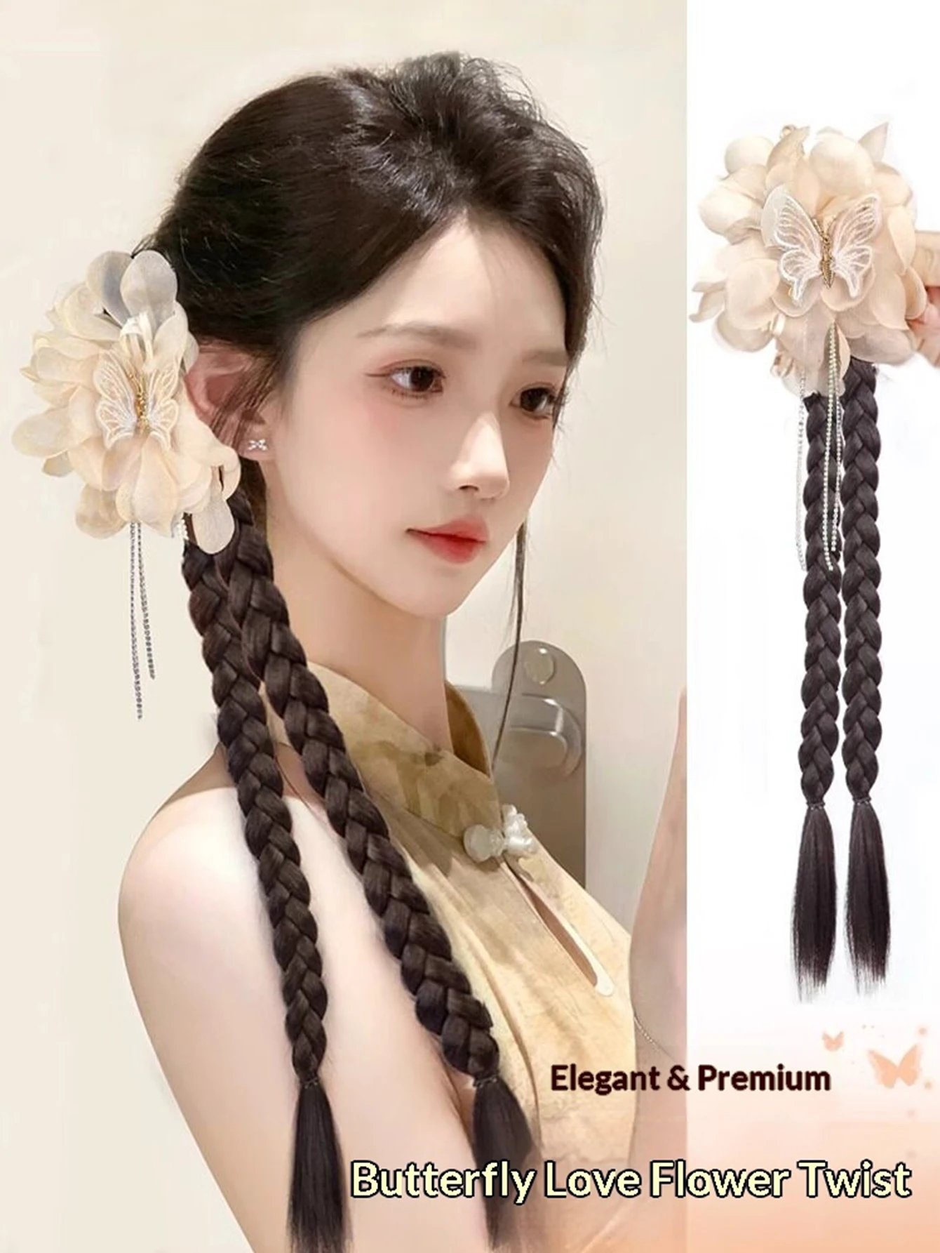 1pc Off White Synthetic Claw Clip Braided Ponytail Flower Bow Hairpiece Fake Hair for Women Girls Daily Party Cosplay view 6