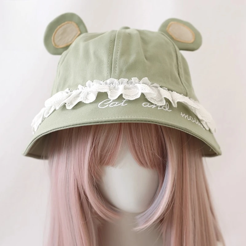 

Japanese Cute Soft Cute Hat Lace Bear Ears Dopamine Fisherman Hat Spring Autumn Winter Warm Pot Hat Shows Face Size