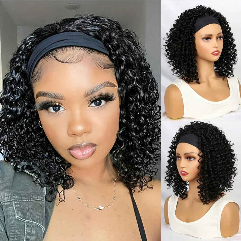 12 inch female headband style African curly wig with synthetic curls easy to wear and comfortable suitable for any occasion