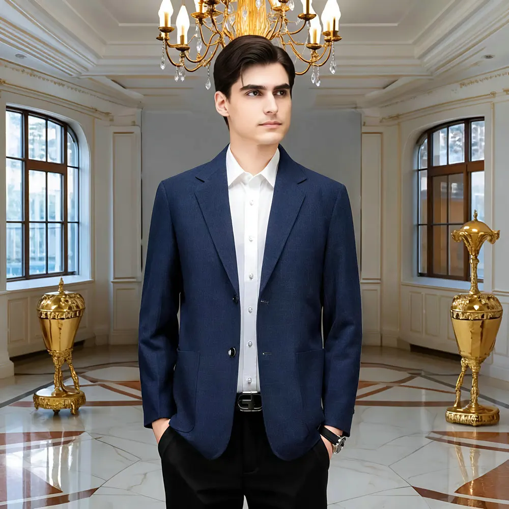 

Men Plaid Blazer Blue Gray Navy Checkered Subtle Pattern Suit Jacket Male Corporate Fashion Uniform Office Work Wear Spring