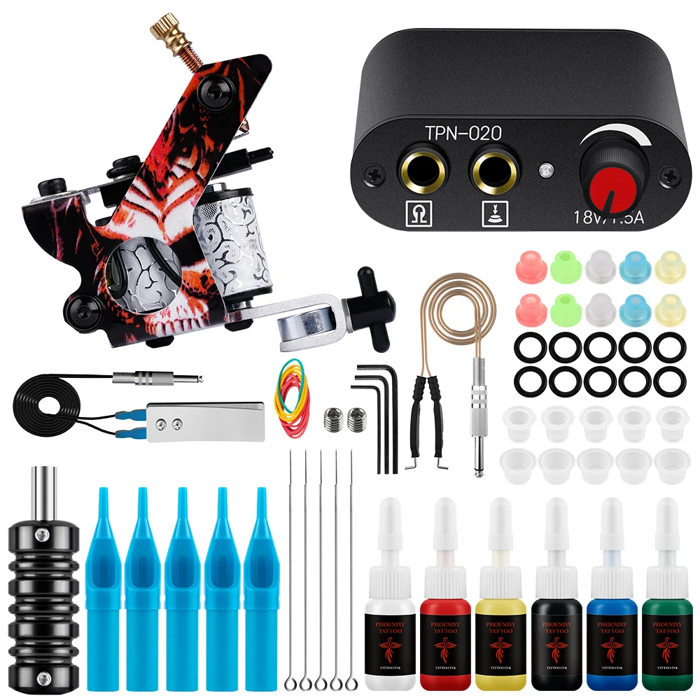 

Beginner Tattoo Machine Kit 6 PCS Tattoo Ink Pigment Tattoo Machine Gun Power Supply Grip Needles Permanent Tattoo Body Art Set