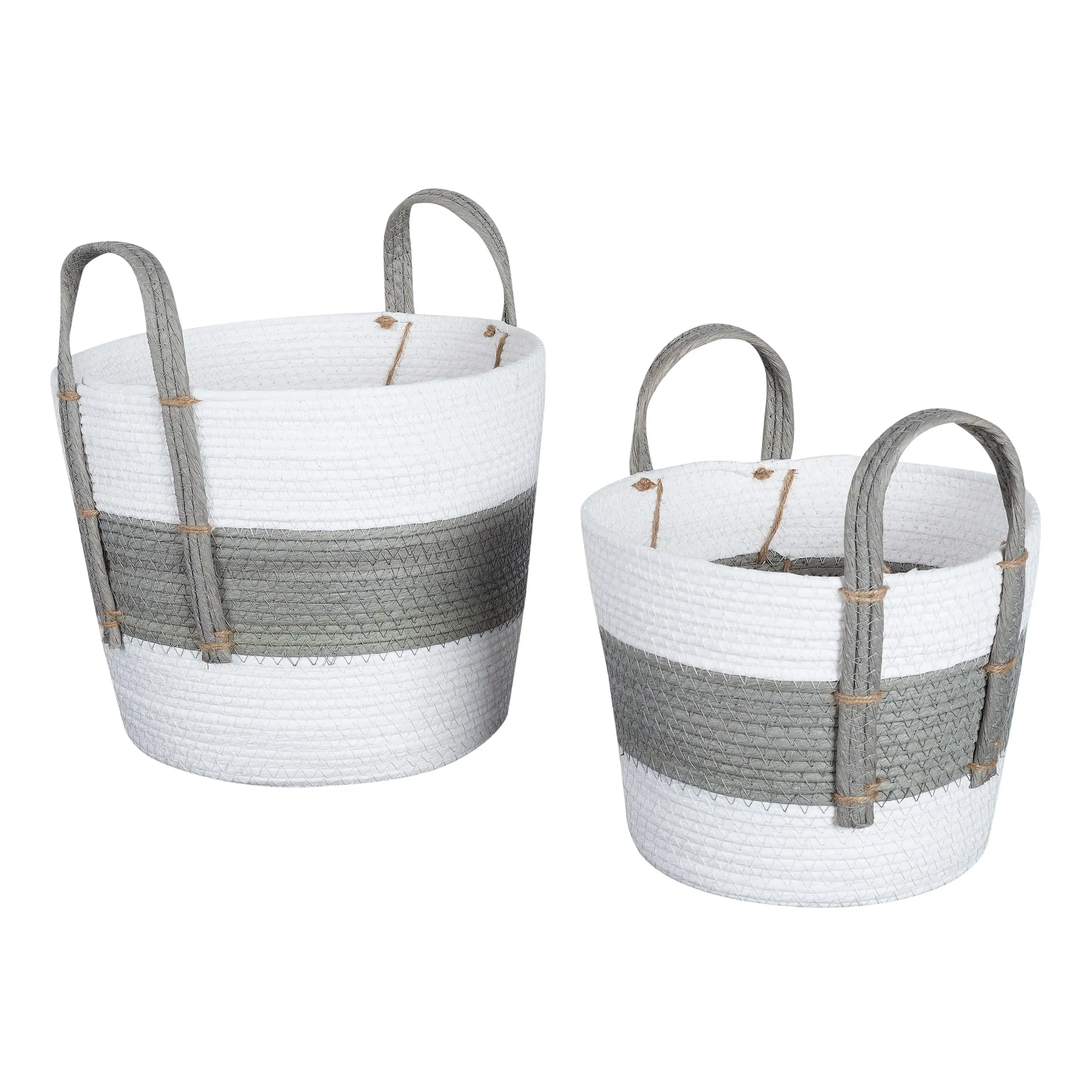 Round Paper Rope Baskets, White, Gray, Set of 2, Medium & Small