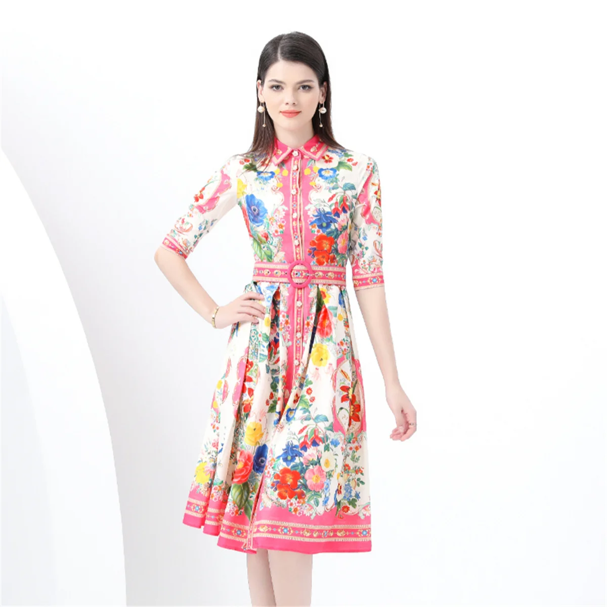 

Vacation Style Lapel Short sleeve Drawstring Waist Midi Dress Women's Pink/Blue Floral Print Shirt Dress Female
