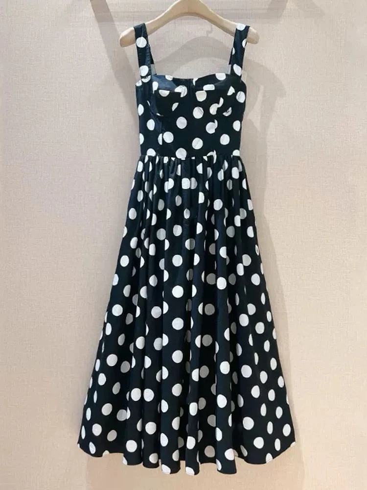 Fashionable and elegant summer women\'s new polka-dot sling dress slim high waist big swing skirt sexy temperament A-word dress