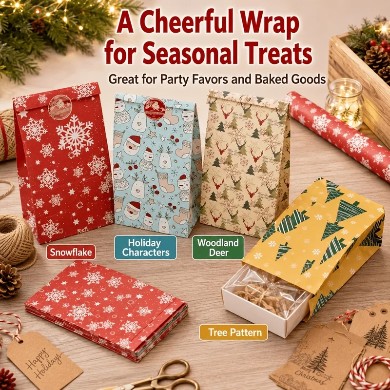 12/24/48Pcs Christmas Paper Gift Bags, 4 Designs Festive Xmas Goodie Treat Bags, Holiday Party Favor Bags for Candy Cookie
