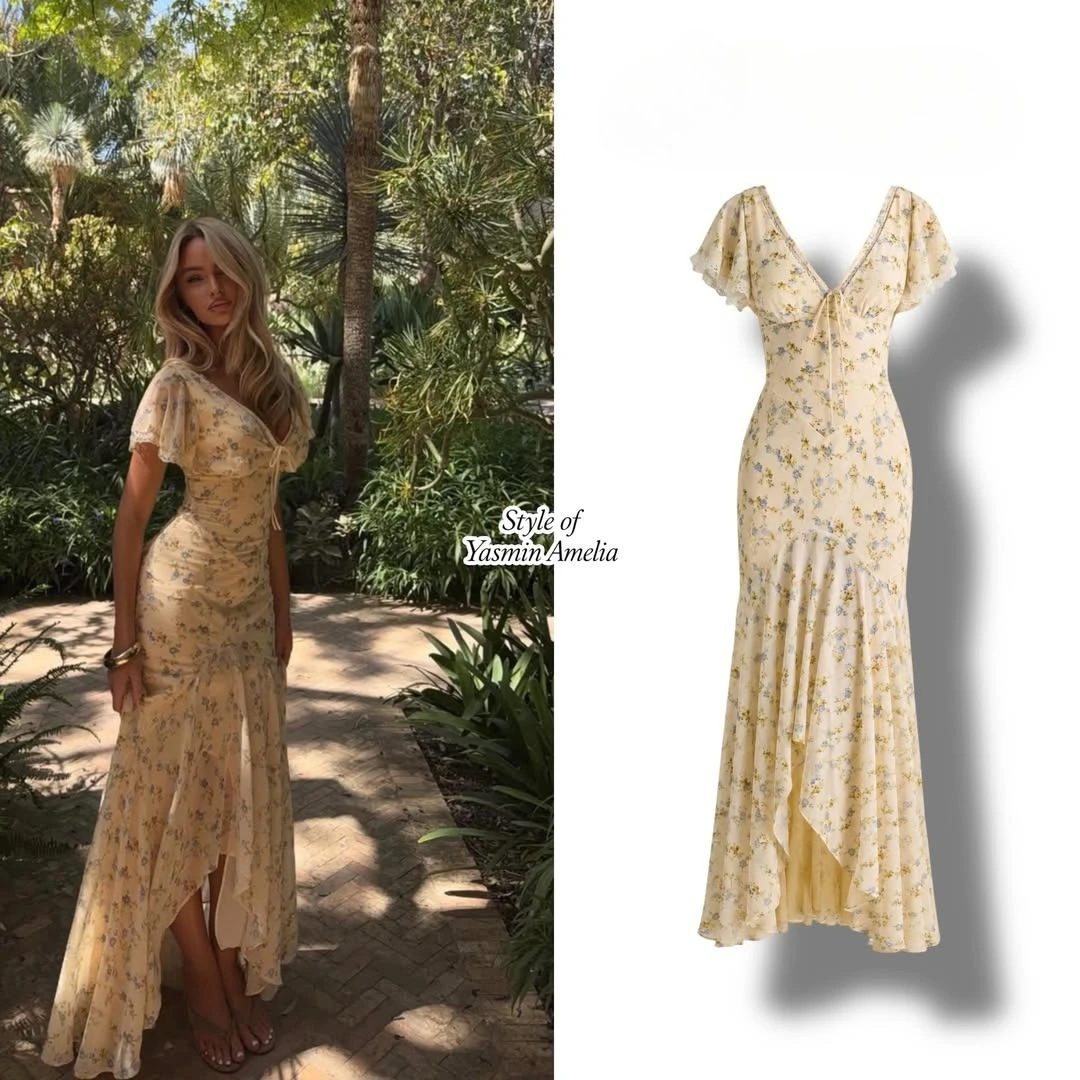 Suninbox Summer Elegant Floral Lace V-Neck Dress Ruffle Sleeve Tie Front Long Dress Garden Party Wedding Guest women view 6