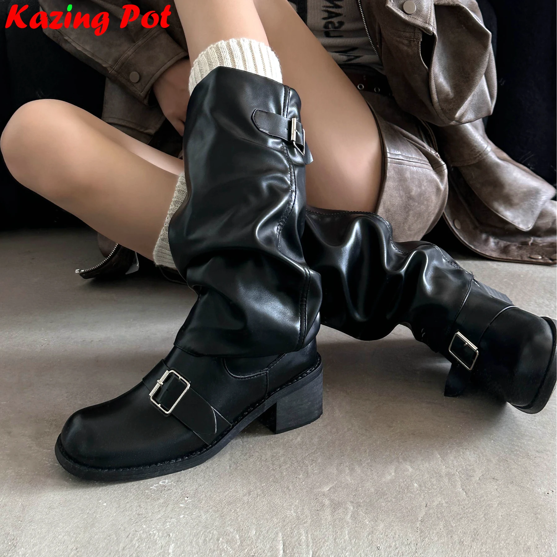 

Krazing Pot Cow Split Leather Pleated Modern Boots Casual Winter Fall Vintage Casual Belt Buckle Luxury Women Thigh High Boots