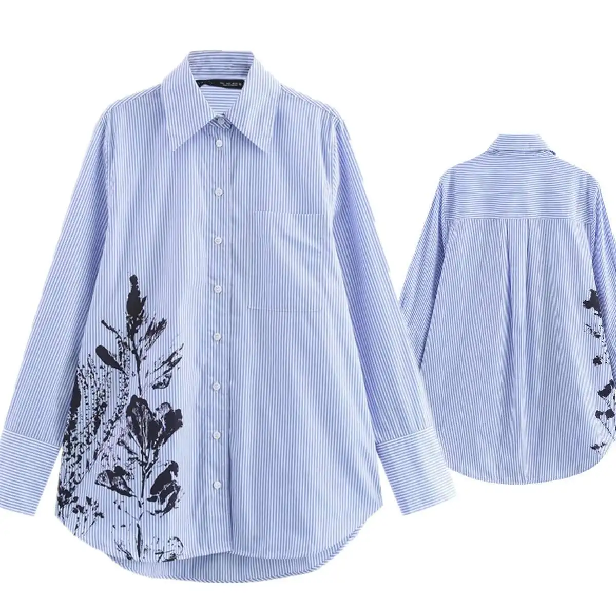 Maxdutti Minimalist Ral 프린트 블루 스트라이프 봄 2025 긴팔 루즈 피트 셔츠 블라우스 여성상의