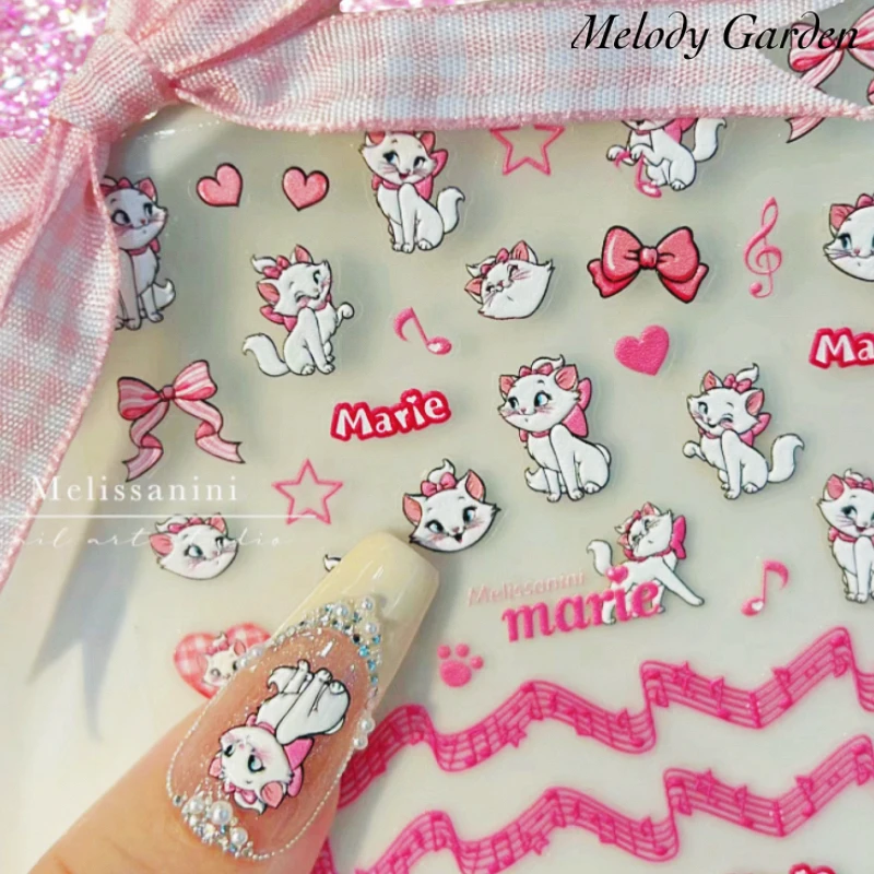 

1PCS Fashionable Cat Cartoon Sticker Pink Bowtie Lovely Heartswith Self-Adhesive 3D Nail Decals