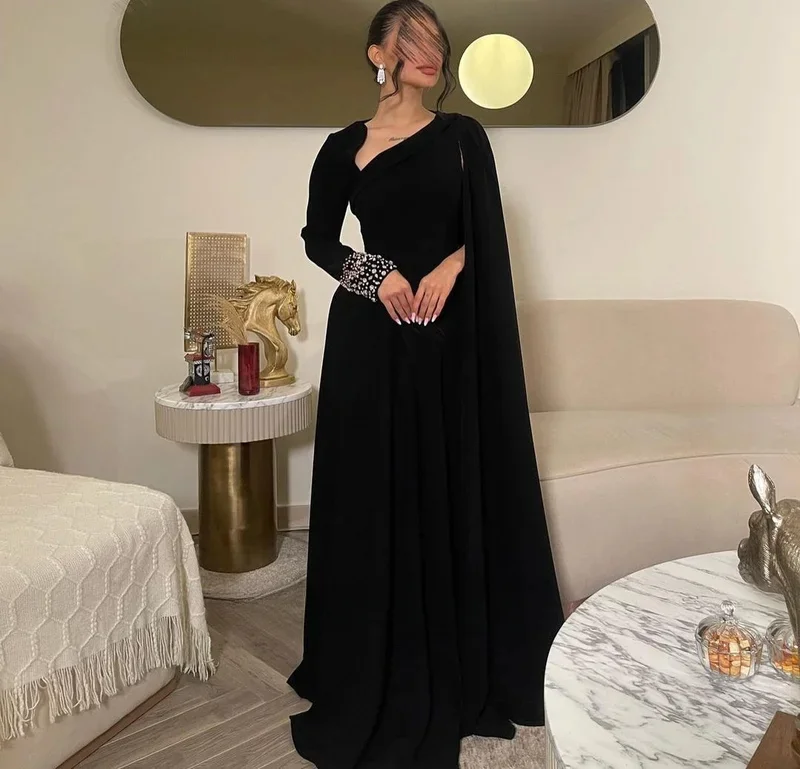 Irregular Neck Women Ruched Crystals Prom Dresses Black Mermaid with Cape Sleeves Evening Gowns 2023 Formal Party Drecustomized