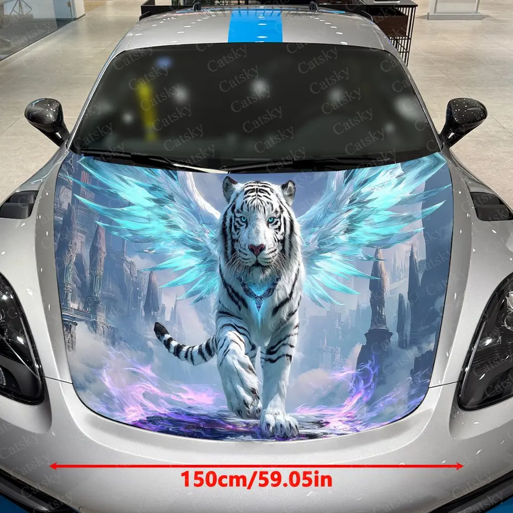 Ice Crystal Winged Sacred Tiger Car Vinyl Wrap, PVC Waterproof Car Hood Sticker, Self-Adhesive Scratch-Resistant Stickers