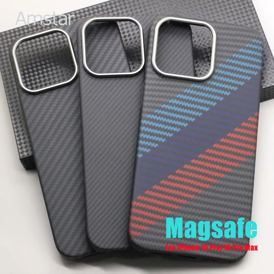 Amstar Luxury Magnetic Carbon Fiber Phone Case for iPhone 15 Pro Max 15 Pro Aramid Fiber Metal Lens Ring Cover Suport Magsafe