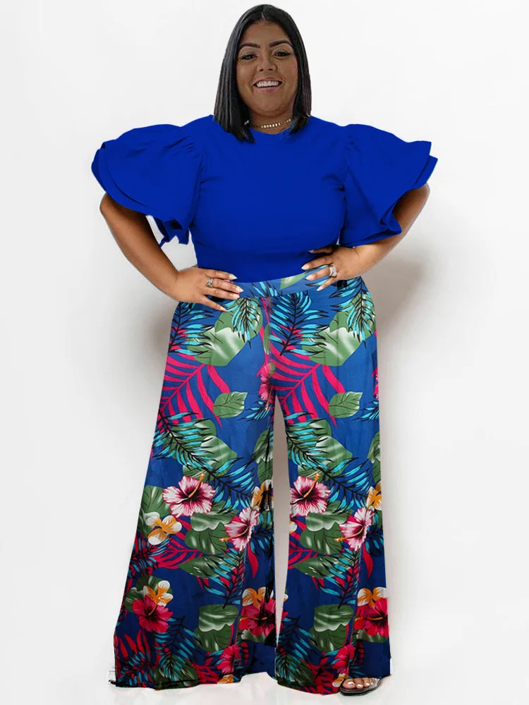 Wmstar Plus Size New In Matching Sets Two Piece Outfits Summer Clothes Solid Shirts Tops and Print Pants Wholesale Dropshipping