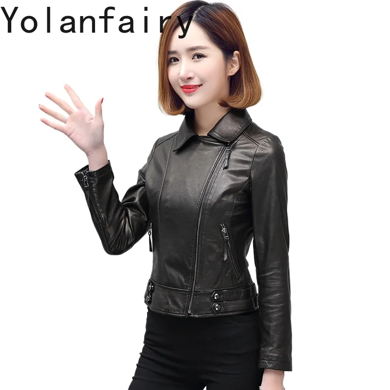 YOLANFAIRY 정품 가죽 자켓 여성 봄 가을 짧은 진짜 양피 가죽 코트 여성 슬림핏 오토바이 아우터웨어