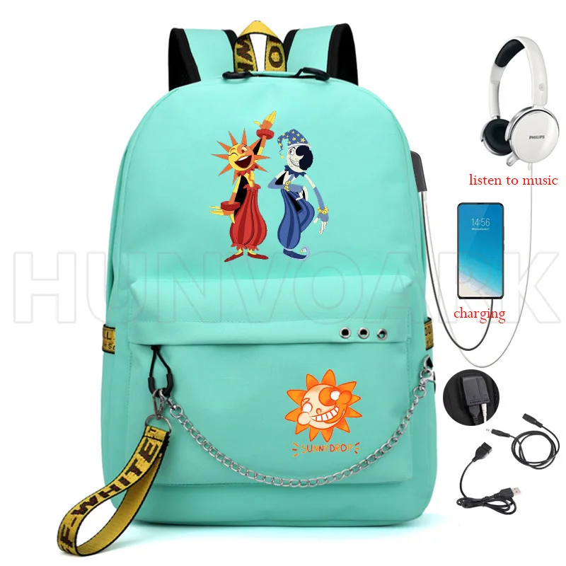 FNAF-Mochila multifuncional Sundrop e Moondrop para homens e mulheres, mochila escolar de grande capacidade, mochila de carregamento USB para laptop