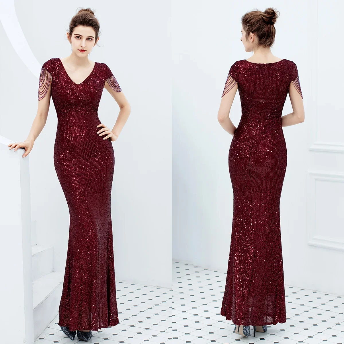 

Evening Dress Burgundy Sequins Stretchy V-neck Beads Zipper Back Mermaid Trumpet Floor Length Women Party Formal Gowns YE082