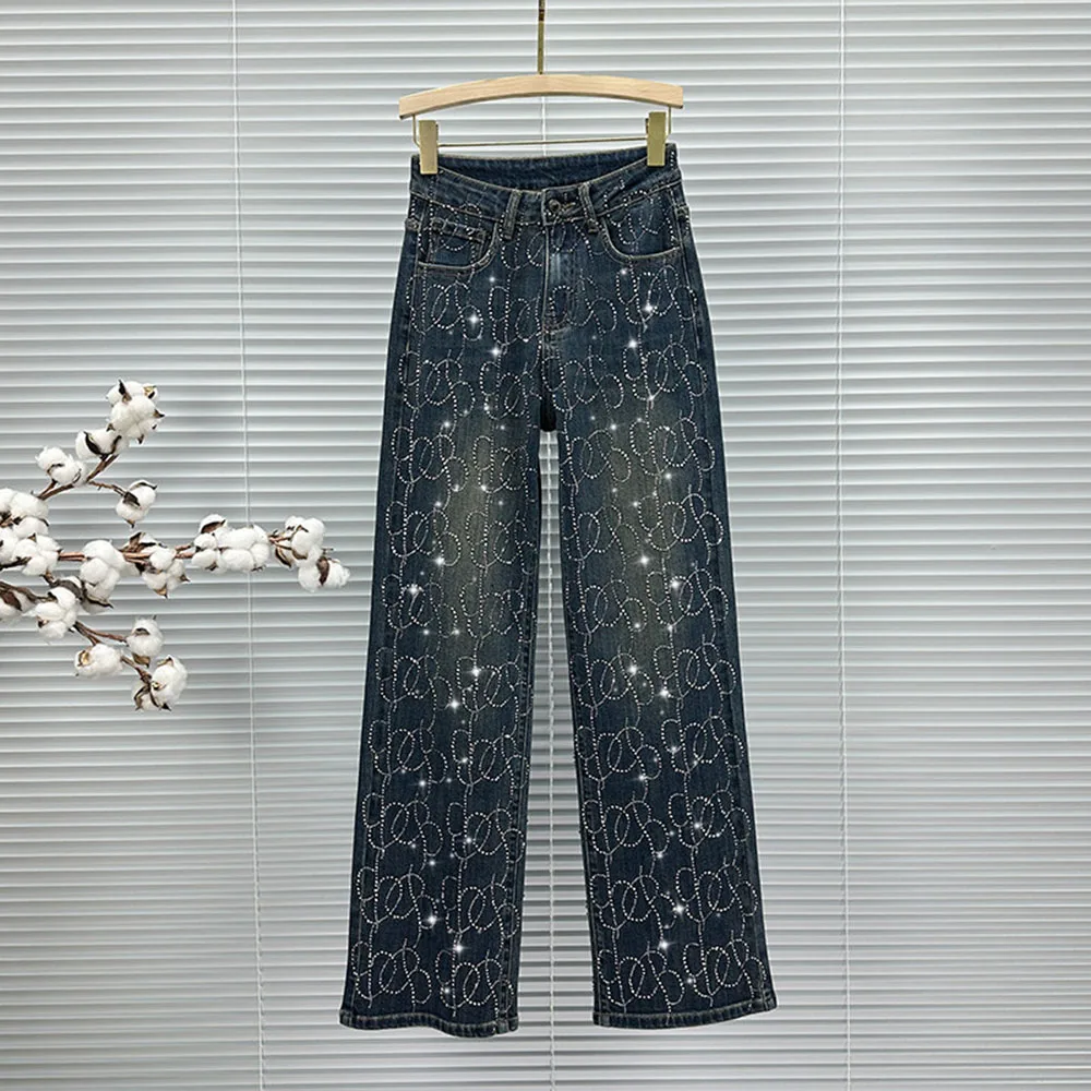 

Creative Pattern Dark Blue Denim Women's Pants High Waist Wide Leg Jeans Ladies Rhinestone Denim Trousers Stylish Denim Pants