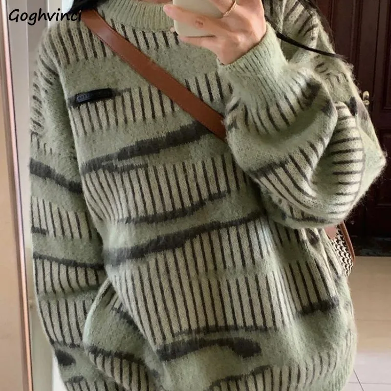 

American Vintage Pullovers Women Striped Baggy O-neck Knitted Long Sleeve Sweater Slouchy All-match Tops Outwear Autumn Winter