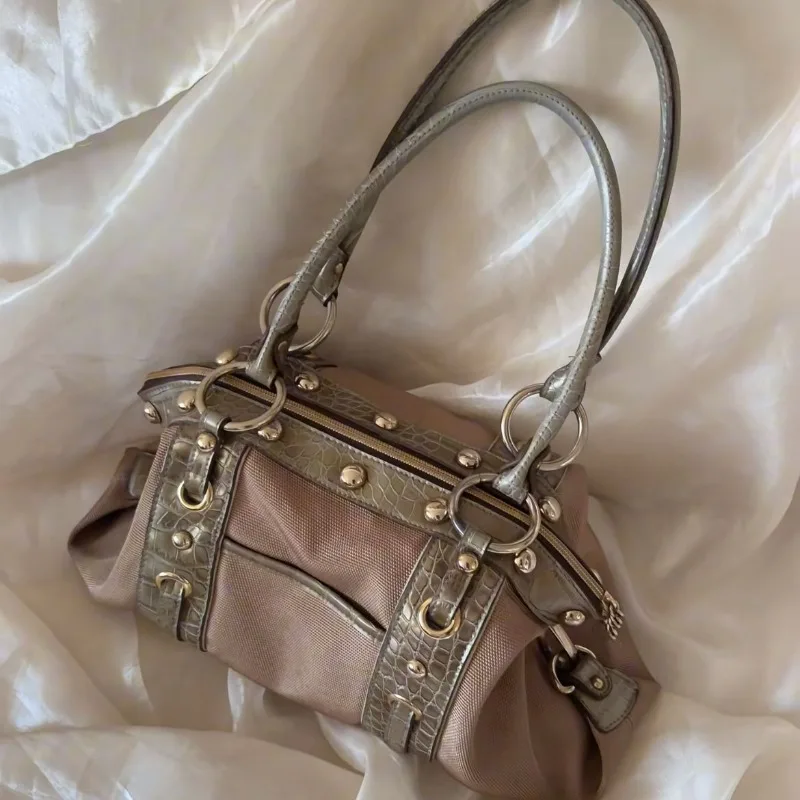 

Vintage High-end Large-capacity Handbag Shoulder Bag Sweet and Cool Babes Underarm Niche Casual Contrasting Color Bowling Bag