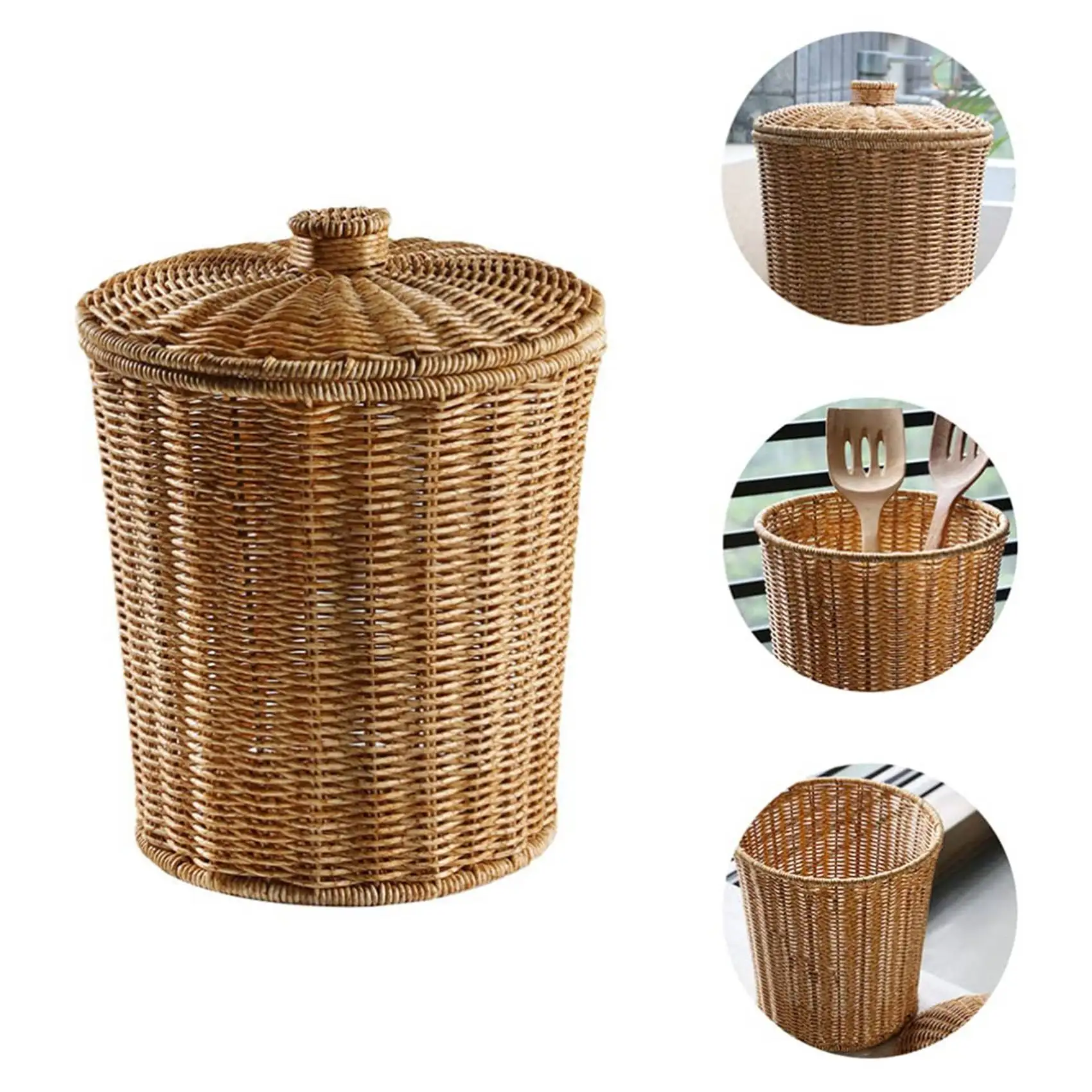 X11AA Woven Basket Trash Can Round Rattan Waste Basket with Lid Planter Woven Storage Baskets Wicker Wastebasket Garbage Bin
