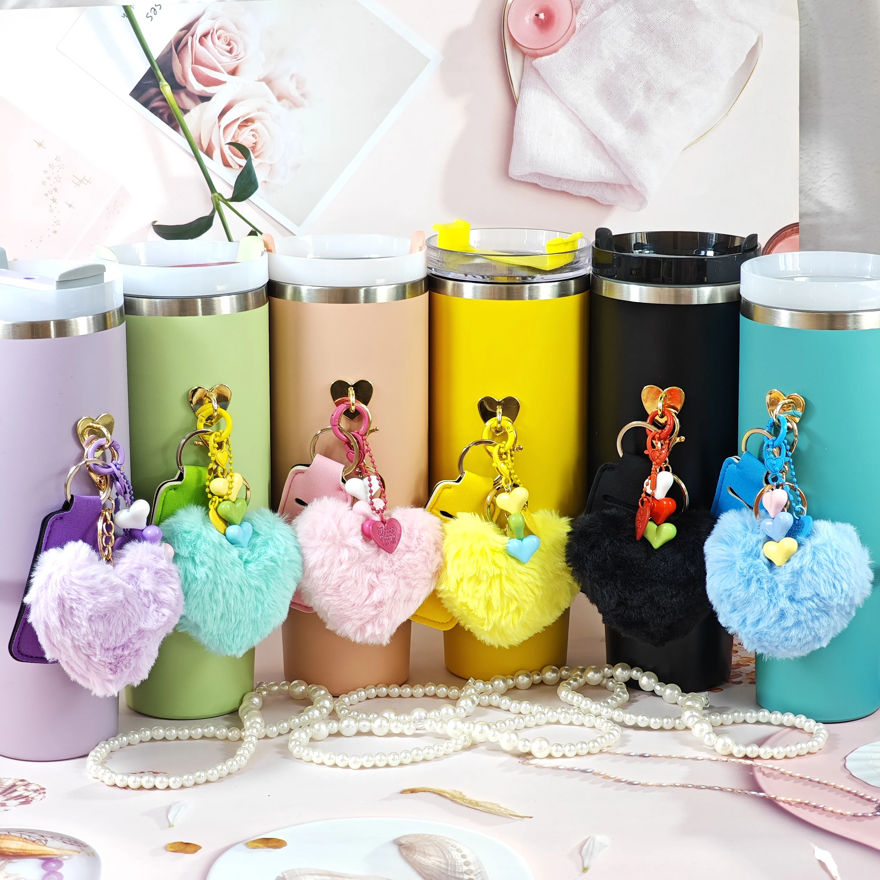 New Star-Shaped Plush Ball Keychain Lipstick Storage Bag Water Cup Accessory 3-Piece Set