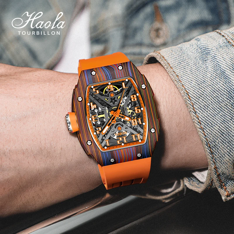 Haofa Colorful Carbon Fiber Automatic Watch for Men Sapphire Luminous Self-winding Mechanical Watch Man Skeleton Waterproof 1975