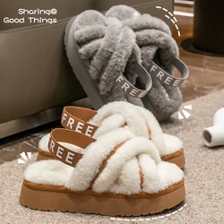 New autumn and winter fluffy cotton slippers with exposed toes for women to wear outdoors, thick soled for indoor home decor