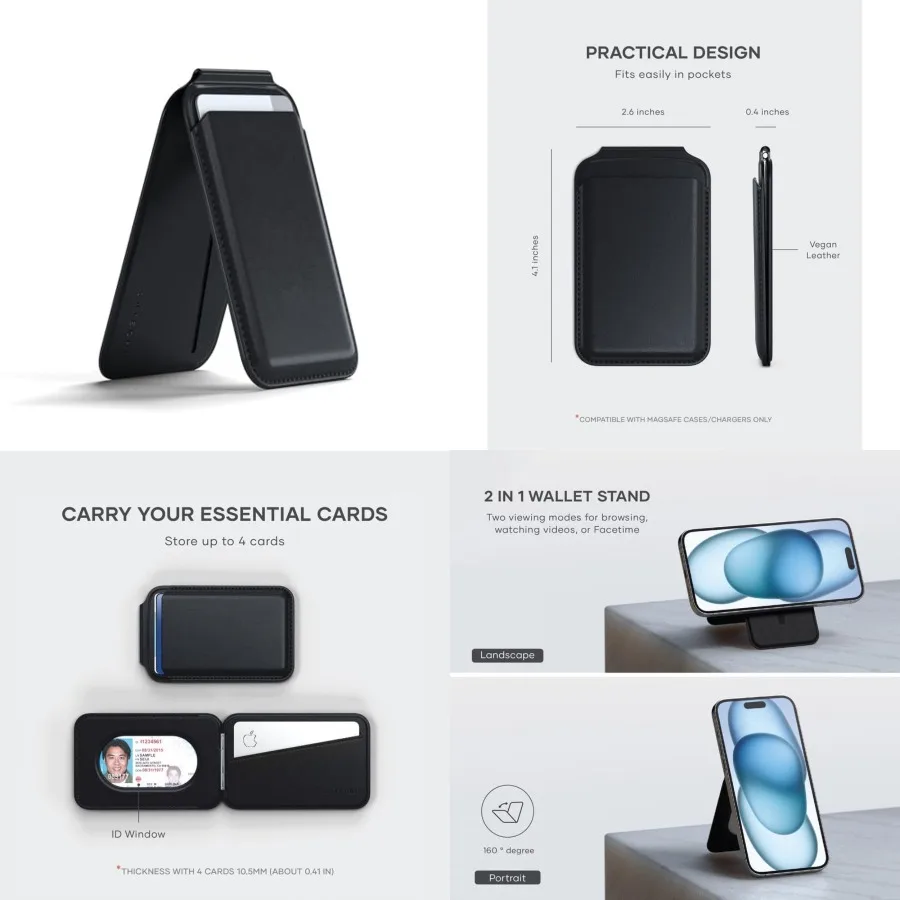 

Magnetic Magsafe Wallet, Double Flap Stand Card Holder, 4 Slots with Front NFC Pass-Through, Adjustable Phone Attachment for iP