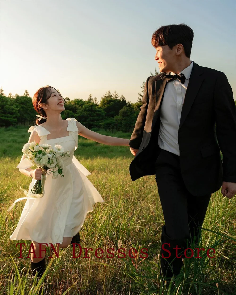 TAFN A-line Lovely Short Wedding Shooting Dresses Adjustable Shoulder Straps Square Collar Simple Korea Bridal Gown Custom Made