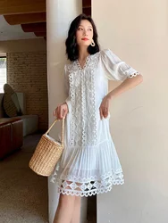 GypsyLady French Chic White Midi Dress Hollow Out Patchwork Summer Holiday Long Dress Vocation Beach Ladies Female Dresses New