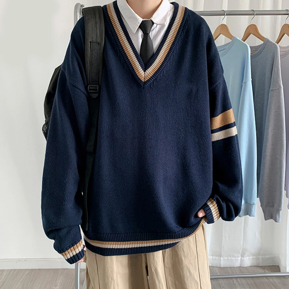 

Men's V-neck Knitted Sweater Korean College Style Couple Loose Long Sleeve Top