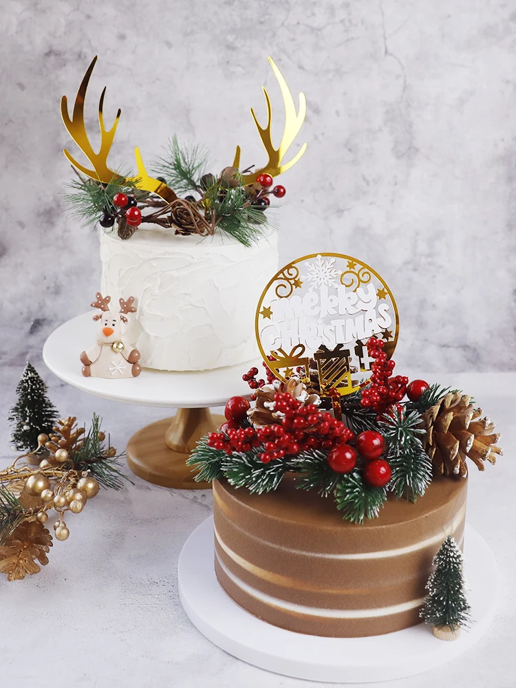 New Year Christmas Cake Decoration 2024 Acrylic Antlers Circular Pinecone Decor Merry Christmas Cake Topper Baking Ornament 2024