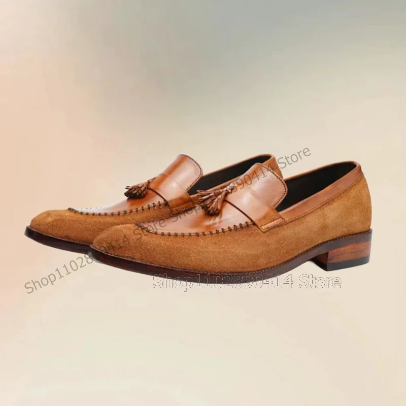 

Brown Patchwork Tassels Decor Sewing Design Loafers Fashion Slip On Men Shoes Luxurious Handmade Party Banquet Men Casual Shoes