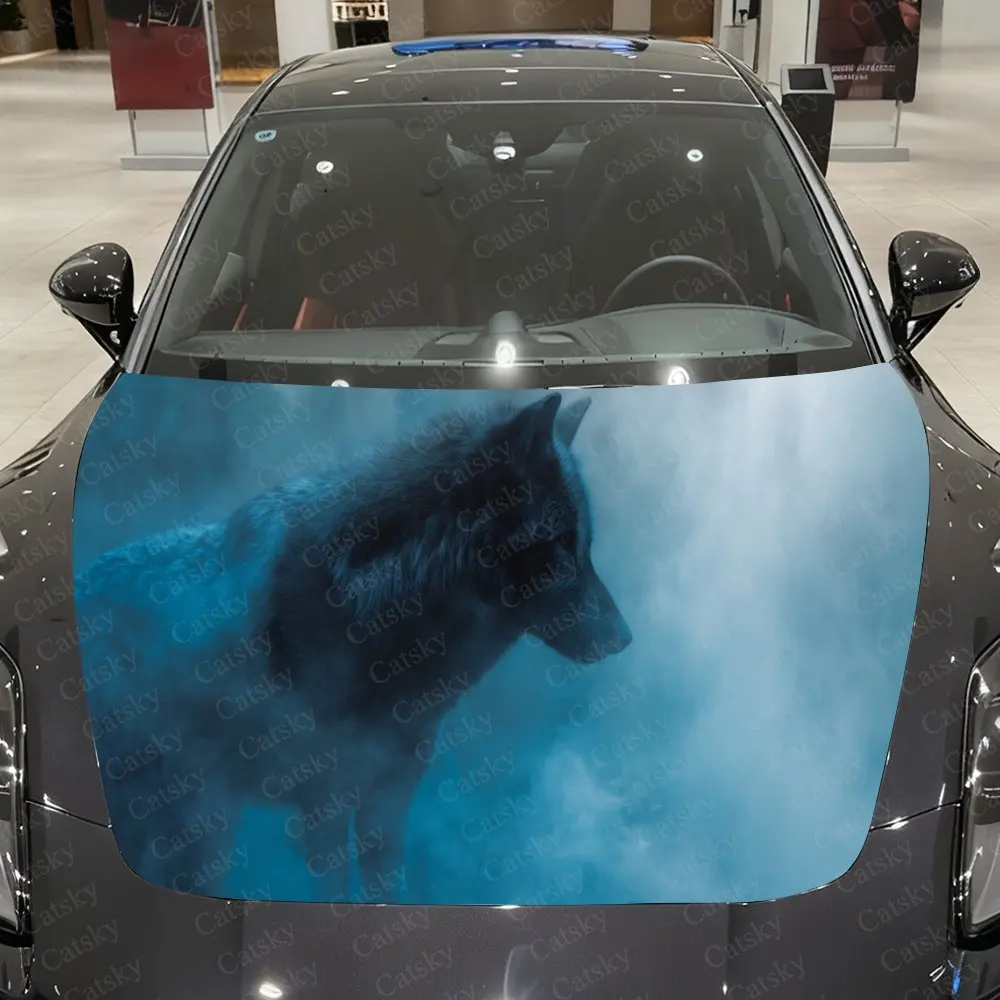 

Морозный волк сцена ПВХ обертывания на капот автомобиля, самоклеящаяся водонепроницаемая наклейка на капот автомобиля, защитные наклейки для украшения автомобиля