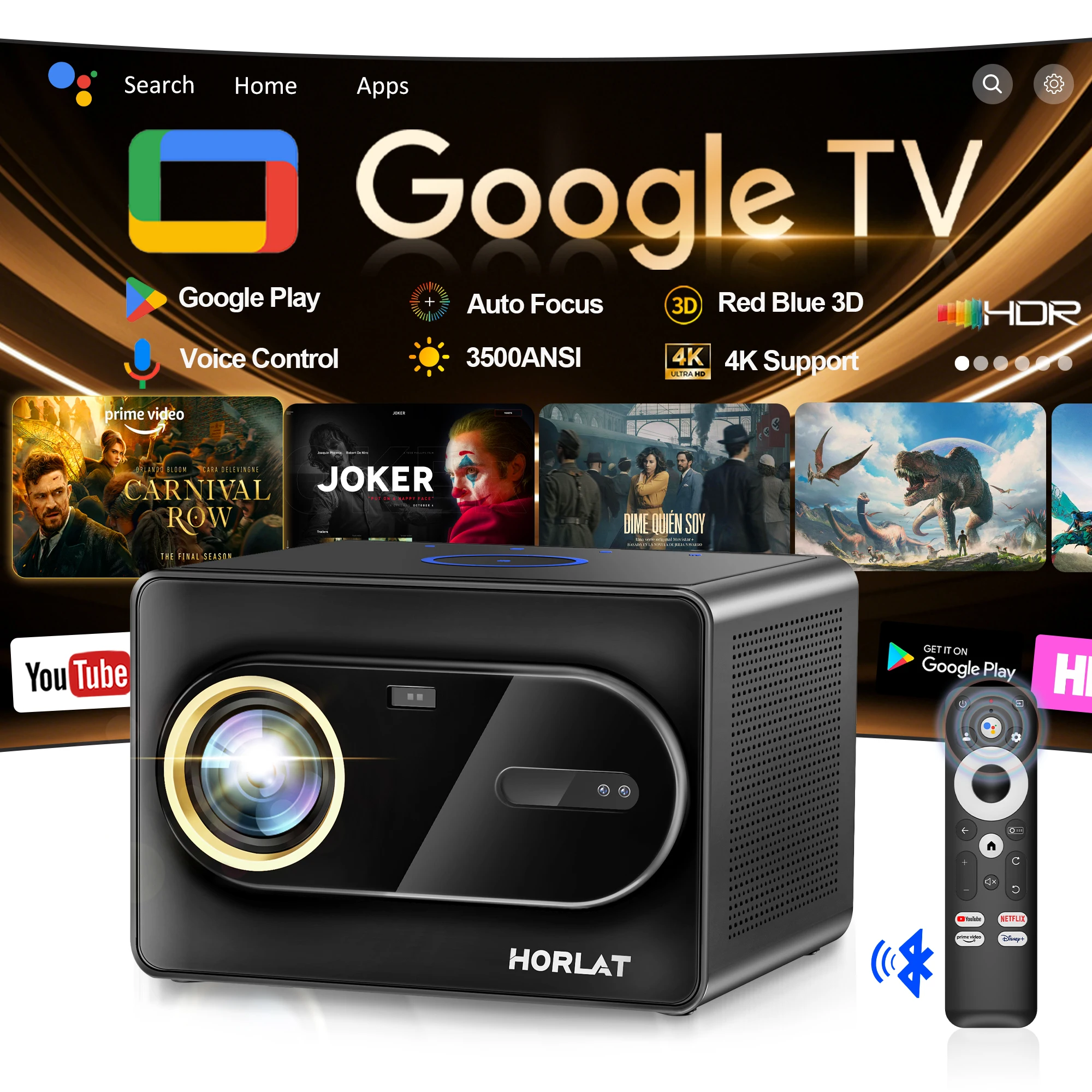 HORLAT 3500ANSI Google TV Projector 4K Volledig Ingesloten Optische Beamer Home Theater 1080P 5G WiFi6 TOF Autofocus Gaming Projector