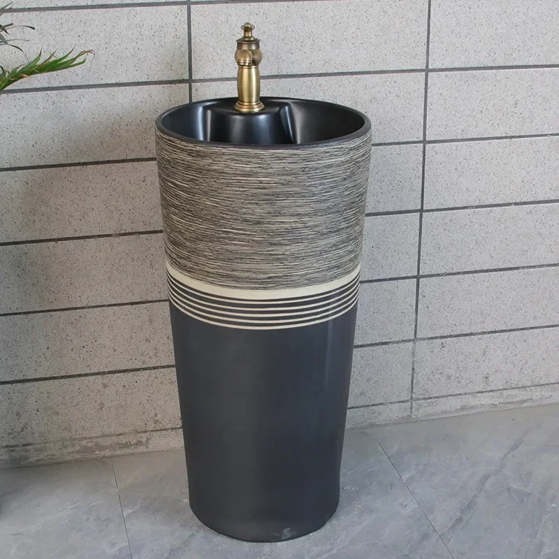 Ceramic Column Basin Integrated Pedestal Sink Small Space Balcony Outdoor Floor Washbasin Antique Style Bathroom Lavatory