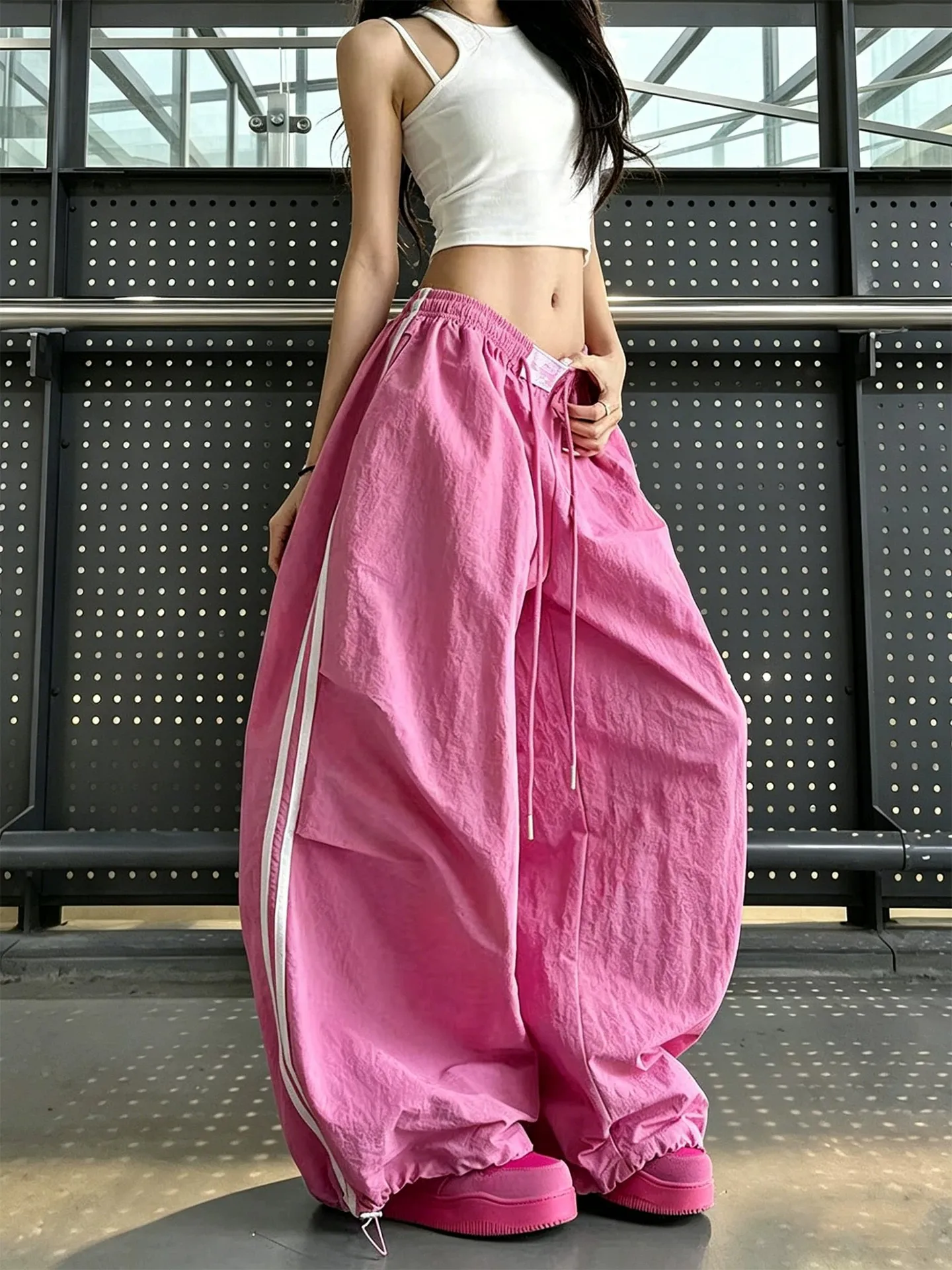 

Pink Dopaamine Striped Sports Pants Casual Loose Wide Leg Jazz Dance Women's Summer Thin High Waist Elastic Polyester Fiber