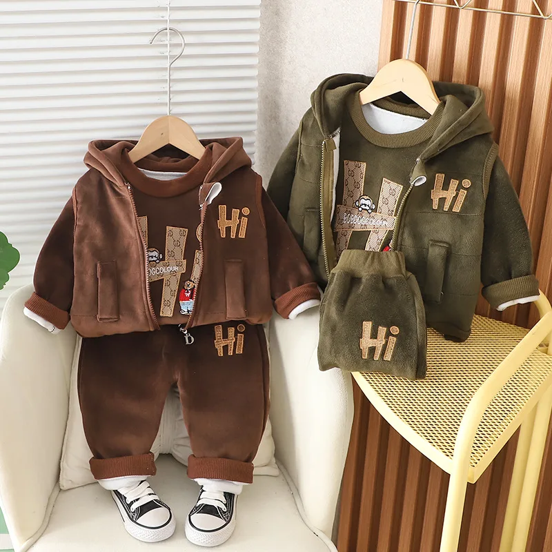 Baby Boys Clothing Set Winter Autumn Thick Letter Print Sweatershirt+Pants+Hooded Vest 3Pcs Plus Velvet Suit For 1-4 Years Kids