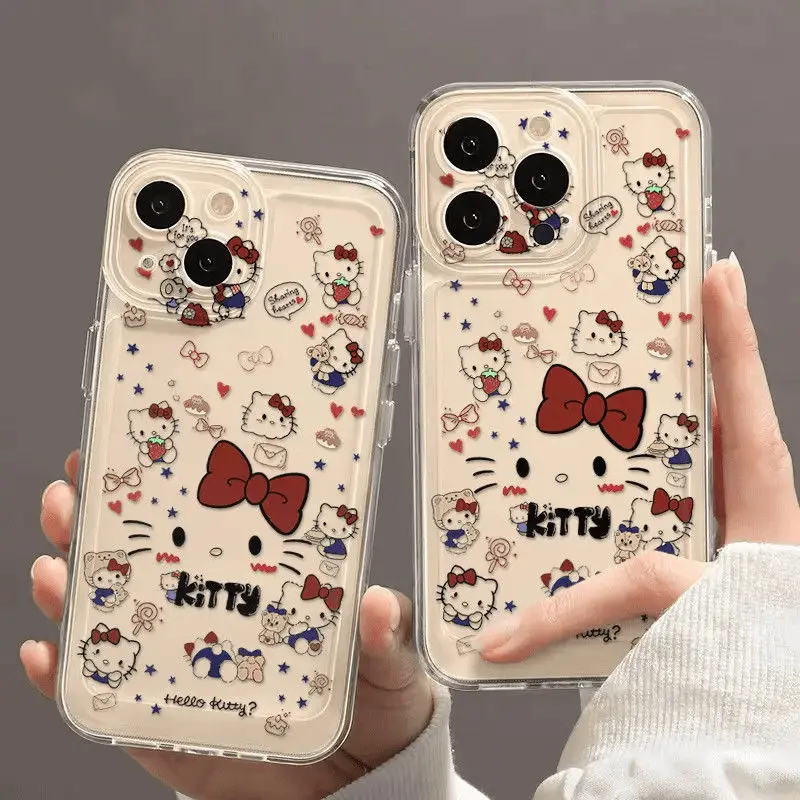 

Kawaii Sanrio Hello Kitty Mobile Phone Case Cute Girl Bowknot Apple 16 promax Case iPhone15Plus New 14/13/12 Transparent Case