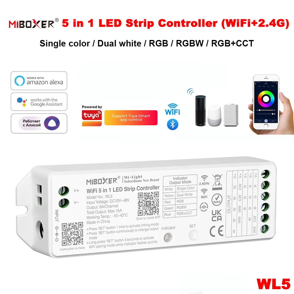 

Miboxer Zigbee 3.0+2.4G Одноцветный двойной белый RGB RGBW RGBCCT Контроллер светодиодных лент 5 в 1 ZL5 DC 12V 24V 2.4G WiFi Приложение Голос