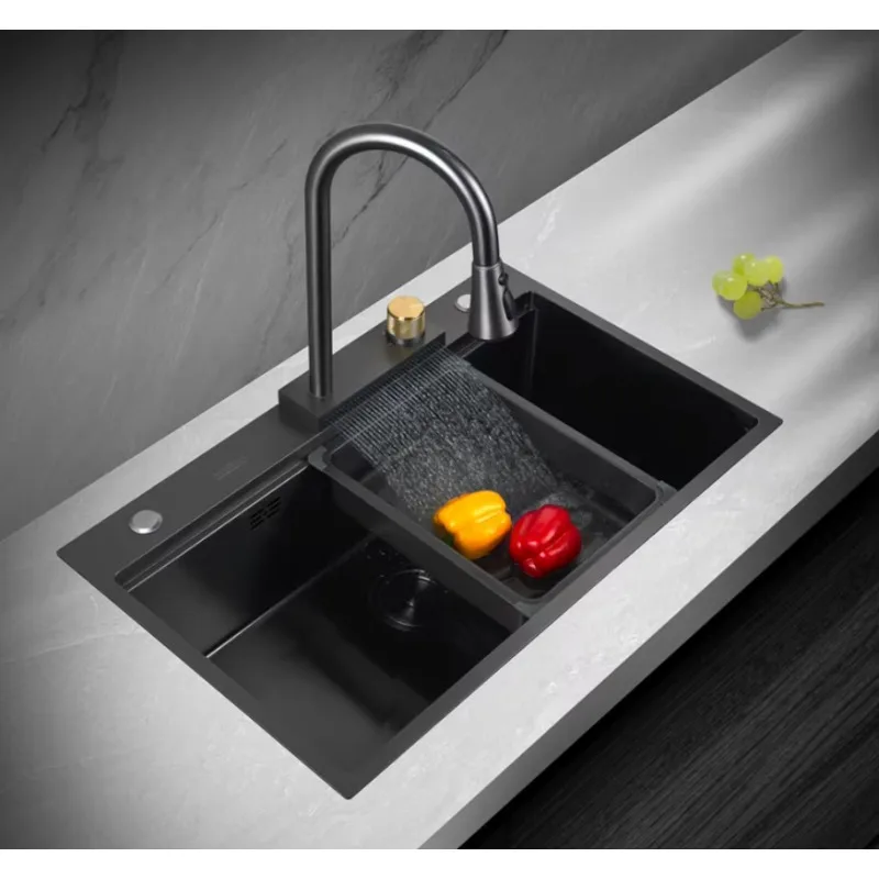 

Лидер продаж, кухонная мойка с водопадом, смеситель из нержавеющей стали, большая одинарная чаша, бионическая сотовая кухонная мойка с PVD-покрытием, черная