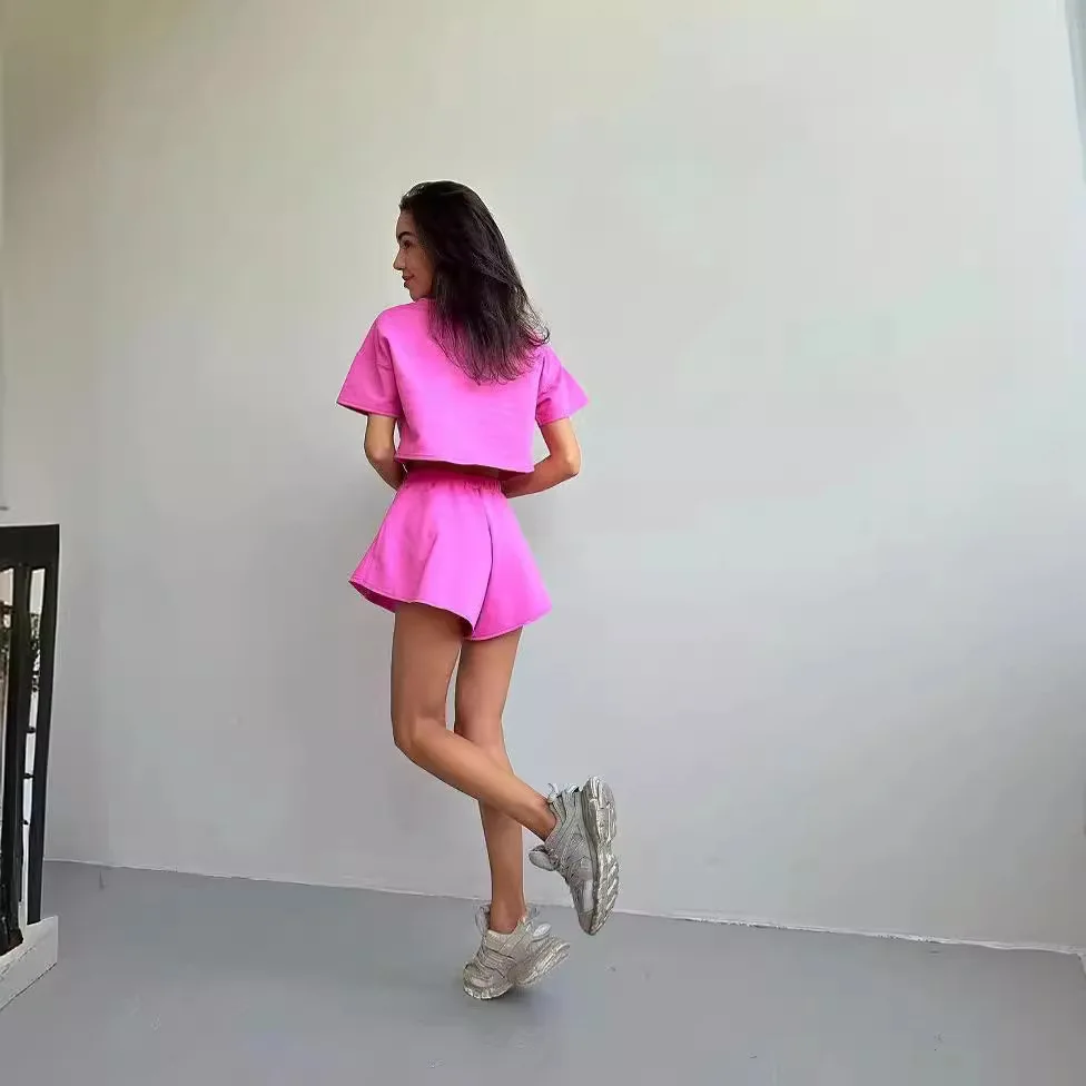 海外貿易 ジョギング スポーツ スタイル スーツ 半袖 Tシャツ トップス ワイドレッグ パンツ ショートパンツ カジュアル 2点セット Amazon