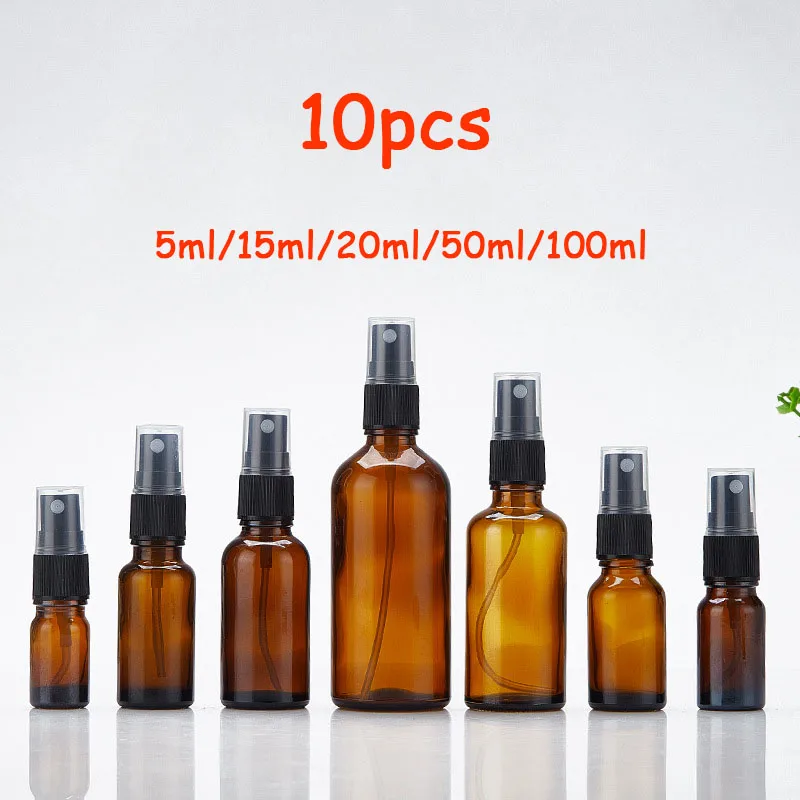 10PCS Amber Glass Spray Bottle 5/10/15/20/50/100ml Essential Oil Atomizers Cosmetic Dispensing Containers Portable Travel Bottle