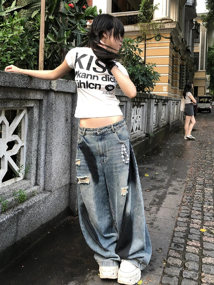 Tonngirls American Retro Print Crop Tops Short Sleeve Skinny Y2k Grunge Tops 2000s Japanese Vintage Crop Tops Summer Streetwear