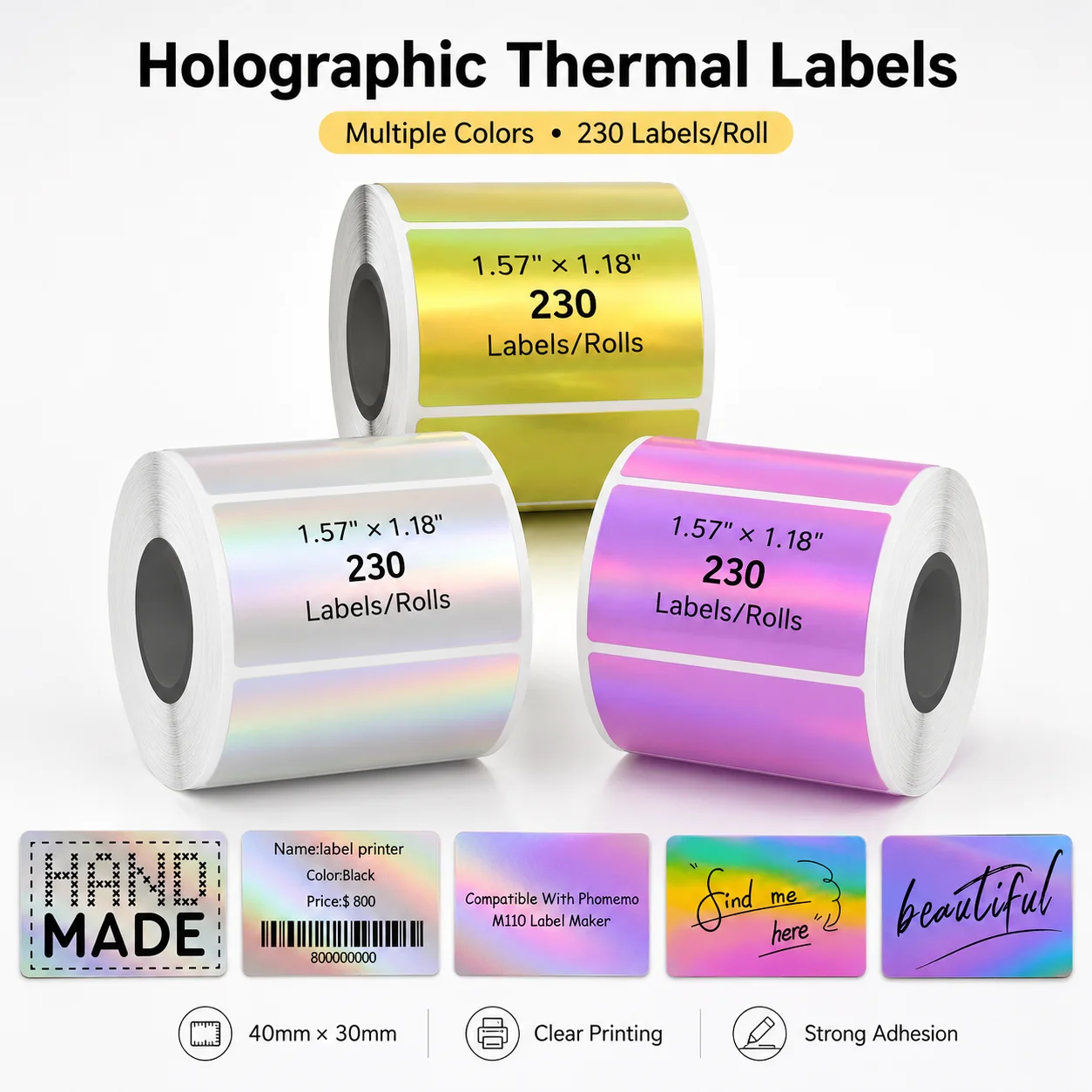 Phomemo M221 Mini Thermal Label Paper Gold Holographic Self-adhesive Clear Printing Oil-resistant Laser for Packaging