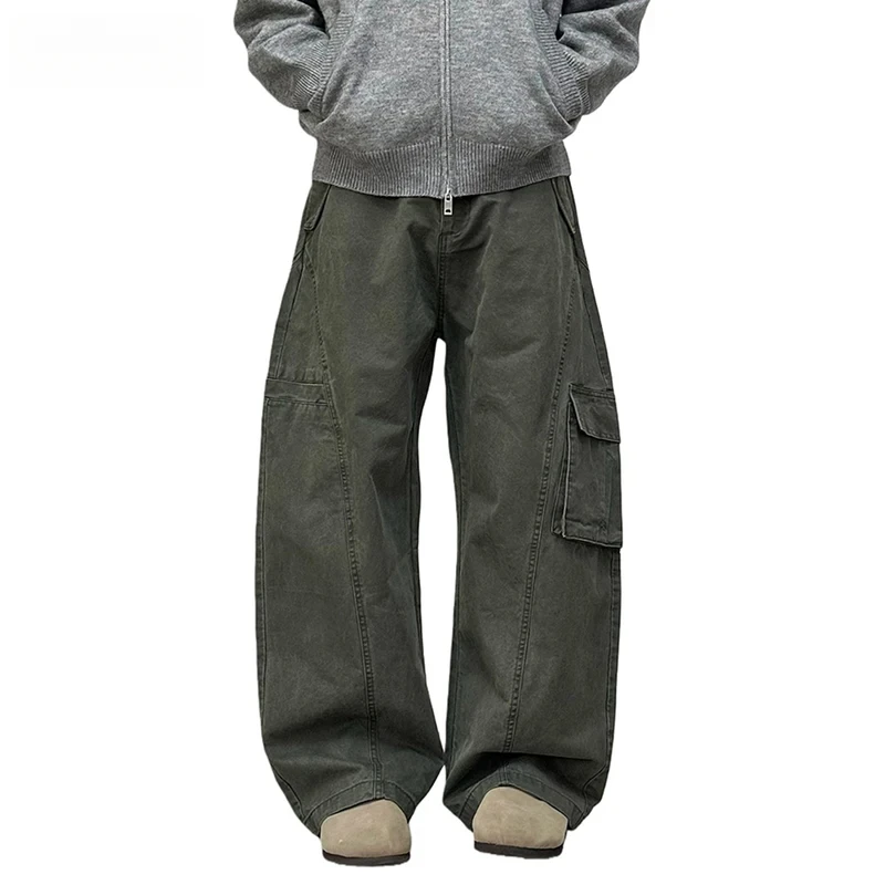 

Retro Distressed Cargo Pants Mens Multi-Pocket Casual Spliced Baggy Wide Leg Banana Trousers Man